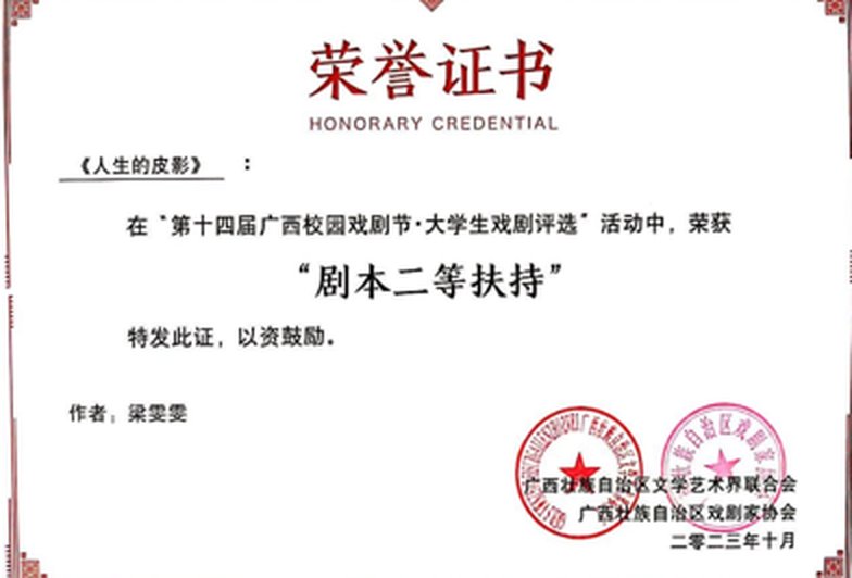 省级剧本写作二等奖荣誉证书